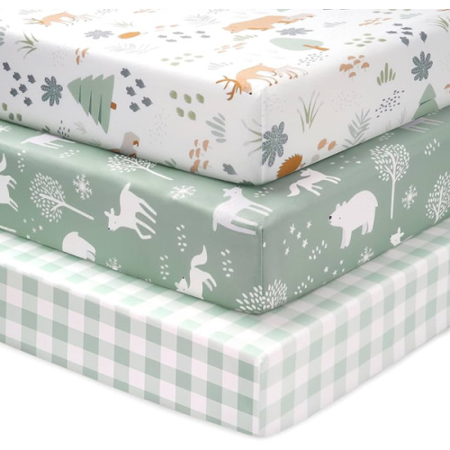Baby Crib Sheets for Boys and Girls, 3 Pack Fitted Crib Sheets Neutral for 52”x28” Standard Crib and Toddler Mattresses, Ultra Soft & Silky Smooth Microfiber Green Forest Bear