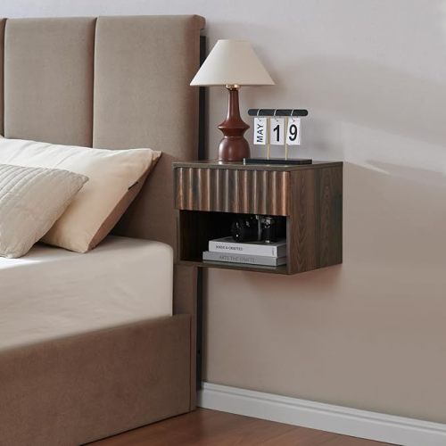 Floating Nightstand with Fluted Drawer - Modern Wall Mounted Bedside Table with Open Storage Shelf, Small Night Stand for Bedroom(Walnut)