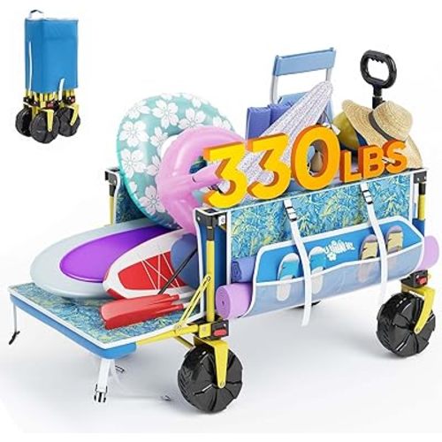 Beach Wagon with Big Wheels for Sand, 330 LBS Heavy Duty Collapsible Beach Cart with Tailgate, Foldable Utility Wagon with Cup Holders & Side Storage for Camping, Shopping, Garden, Blue