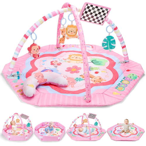 JoyStone Infant Play Gym with 6 Detachable Toys, Washable Activity Mat, Pink, 31" x 27", Ages 0-18M