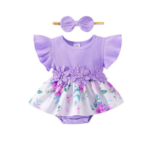Baby Girl Clothes Summer Outfit Romper Skirt Ruffle Sleeve Cute Bow Headband Infant Bodysuit Set 0-18 Months