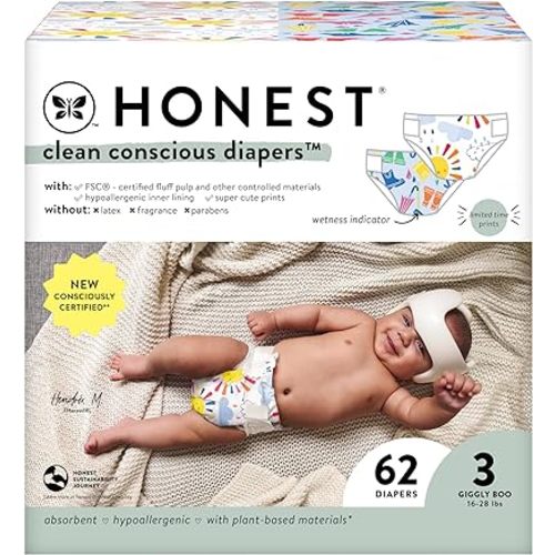 The Honest Company Clean Conscious Diapers | Plant-Based, Sustainable | Limited Edition Prints | Club Box, Size 3 (16-28 lbs), 62 Count