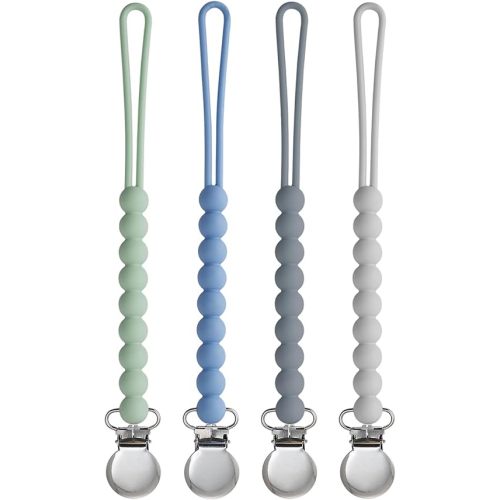 Pacifier Clip for Boys Girls - MORIBOX 4 Pack Paci Clip Soothie Baby Binky Holder for Shower Gift Birthday (Grey+Dgrey+Blue+Sage)