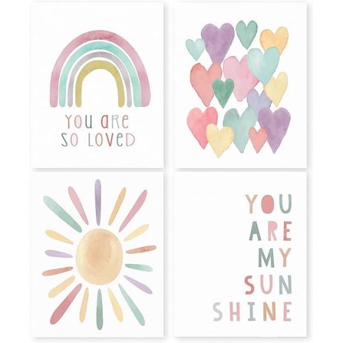 HRQKO Boho You Are My Sunshine Wall Decor Poster Set of 4, Nursery Wall Decor Girl, Boho Inspirational Quotes Prints Posters Wall Decor, Rainbow Decor for Baby Girls Room Nursery 8”x10” Unframed
