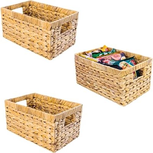 Water Hyacinth Storage Baskets, Rectangular Wicker Storage Basket with Built-in Handles, Medium woven baskets for storage (Medium 3 Packs)
