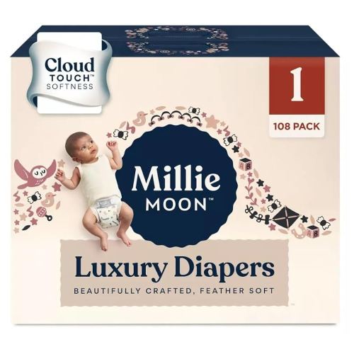 Millie Moon Luxury Diapers, White, Size 1, 108 Count