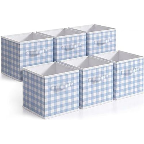 Yalikop 6 Pcs Blue Gingham Cube Storage Bins, 11 Inch Foldable Checkered Storage Basket with Handle Preppy Girls Collapsible Fabric Bins Organizer for Classroom Home Nursery Playroom Bedroom