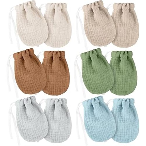 6 Pairs Newborn Baby Muslin Mittens No Scratch 100% Cotton Soft Breathable Infant Gloves with String 0–12 Months