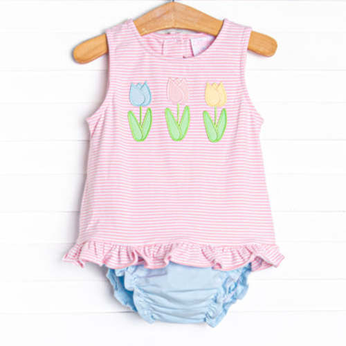 Spring Blooms Applique Diaper Set, Pink Stripe – Stitchy Fish