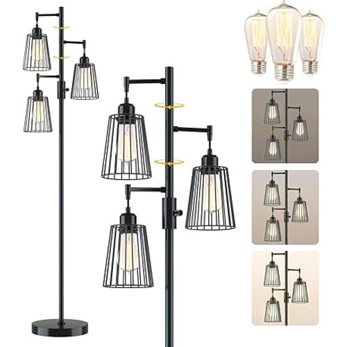 COFF Industrial Floor Lamp, 3 x 1200LM Edison LED Bulbs Included, Bright 3-Light Dimmable Floor Lamp, Farmhouse Tall Standing Lamp for Living Room, Bedroom Office Rustic Home Decor (Matte Black)