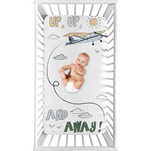 Sweet Jojo Designs Vintage Airplane Boy Baby Fitted Crib Sheet Photo Op Infant Newborn Nursery Toddler Bed Room Standard Mattress Grey Green Blue White Yellow Airplanes Plane Transportation Clouds Sun