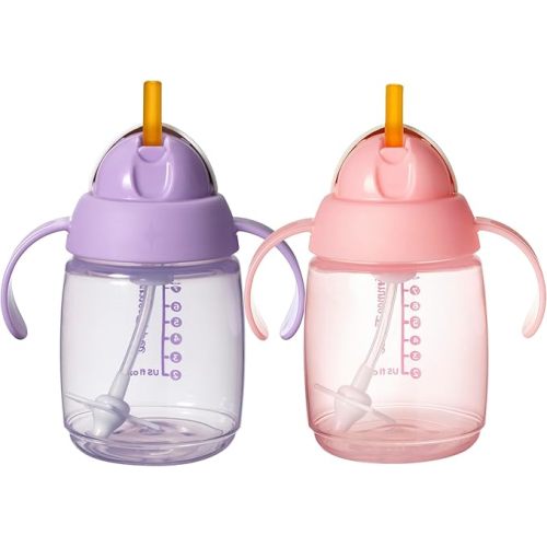 Tommee Tippee Starter Weighted Straw Baby & Toddler 8oz Sippy Cup for 6 Months+, with Silicone Weighted Straw and Easy-Hold Handles, BPA Free, Pink & Purple, Pack of 2