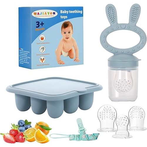 WAJIAYON Baby Breastmilk Popsicle Molds & Baby Fruit Feeder (2 Pack), Baby Food Freezer Tray Storage Containers, Silicone Teething Pacifier Feeder and Teether for Babies,Baby Feeder - Blue