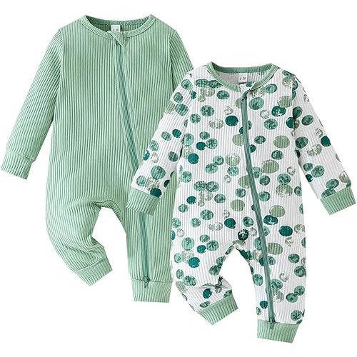 Bafeicao Unisex Baby Boy Girl 2 Pack Rompers Long Sleeve Two Way Zipper Romper One Piece Jumpsuits Clothes Sets