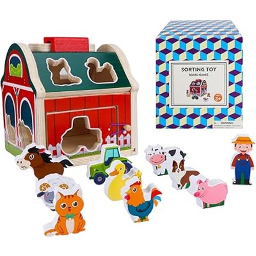 Wooden Take-Along Shape Sorting Barn Toy with Handle, 10 Farm Play Pcs, Boys Girls Preschool Montessori Toys, Stacking Learning Toy for Toddlers and Kids Ages 2+, Christmas Birthday Gift