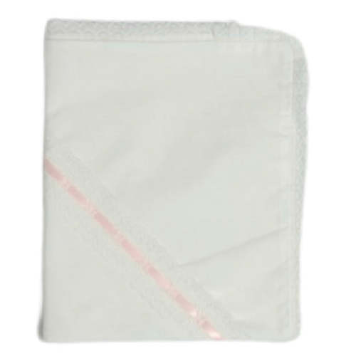 Heirloom Blanket- White Batiste w/ Lace Trim and Pink Ribbon