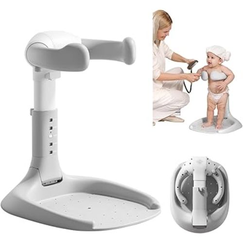Baby Shower Stand, Baby Bath Support, Shower Standing Support with Adjustable Height and Armrest, Bath Stand with Anti-Skip and Shower Head Holder, Bath Essentials for Infants