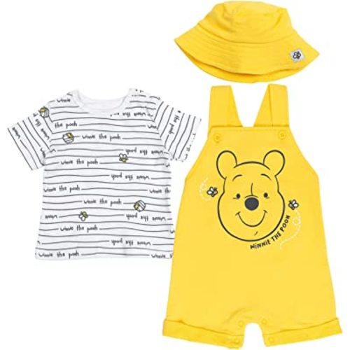 Disney Tigger Winnie the Pooh Baby French Terry Short Overalls T-Shirt and Hat 3 Piece Outfit Set Newborn to Infant