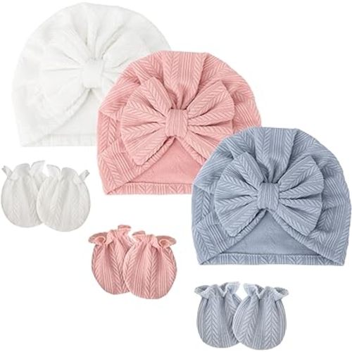Newborn Baby Bow Hats and Mittens Hospital Hat Beanie Infant Caps Baby Cotton No Scratch Mittens for 0-12 Months