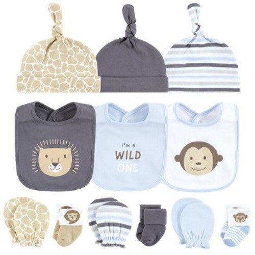 Hudson Baby Infant Boy Caps or Headbands, Bibs, Mittens and Socks 12pc Set, Safari, 0-6 Months