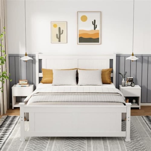 White Wood Bed Frame Full Size Platform Bed with Headboard