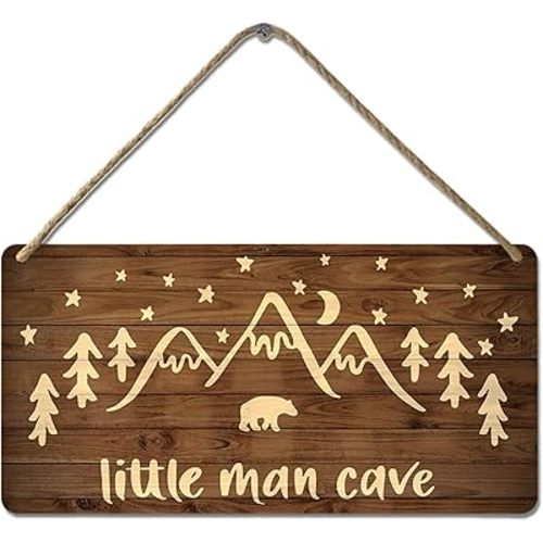 Little Man Cave Sign Woodland Nursery Wall Decor for Baby Boys Rustic Bear Forest Animal Wood Signs, Nursery Room Decor for Boys Bedroom Farmhouse Sign Wooden Wall Art 10x8 Inch
