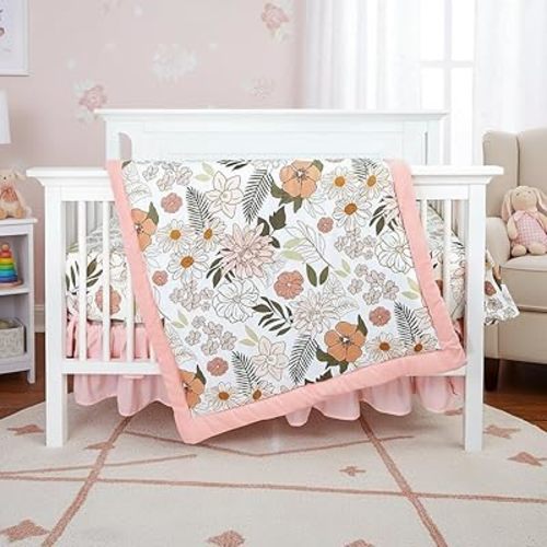 4-Piece Crib Bedding Set for Girls, Pink Baby Girl Bedding Set with Super Soft Crib Skirt, Reversible Baby Quilt, Crib Sheet and Diaper Stacker, Daisy Flower