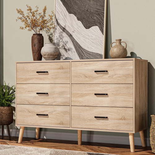 Meteorleg 6 Drawer Dresser for Bedroom, Wood Oak Dresser with Wide Drawers and Metal Handles,Modern Dresser Chest for Bedroom,Living Room,Entryway