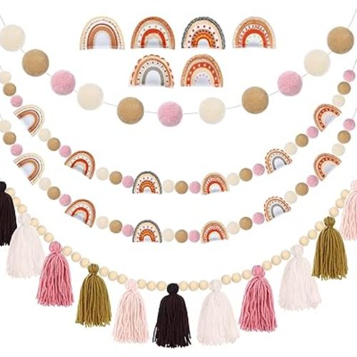 4 Pieces Boho Tassel Garland Rainbow Pom Pom Garland Wall Hanging Decor Pastel Tassel Boho Classroom Felt Colorful Balls Garlands for Classroom Girls Bedroom Nursery Room Birthday Decor