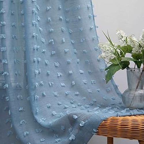 KOUFALL Grey Blue Curtains for Baby Nursery,Boho Pom Pom Light Filtering Sheer Vintage Country Window Curtains for Living Room 63 Inch Length 2 Panels