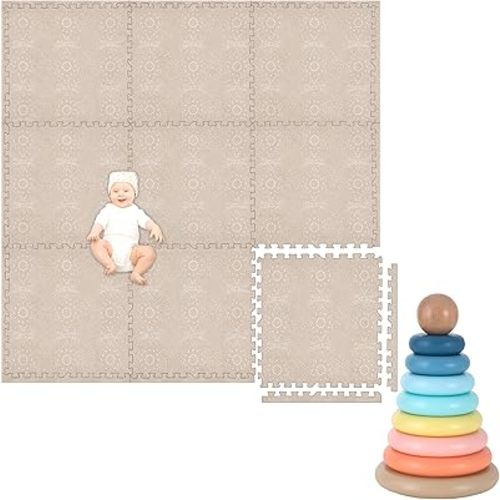 Play Platoon Non-Toxic Kids Play Mats for Floor, Extra-Thick Foam Tiles, Playmat for Toddlers & Childrens Playroom, Wooden Rainbow Stacking Toy Ring Stacker Toy, Educational Interactive Learning Toys