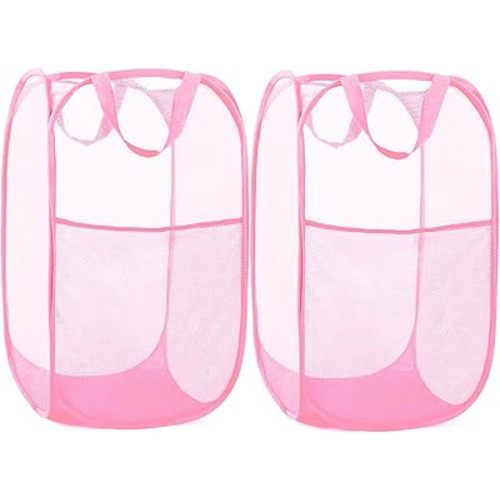2 Pack Durable Collapsible Laundry Baskets - Reinforced Mesh Pop Up Laundry Hamper with Pocket, Foldable Dirty Clothes Hamper with Carry Handles for Laundry, Bathroom, Kids Room, Dorm or Travel Pink