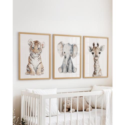 Safari Animal Nursery Prints: Watercolor Lion, Elephant, Giraffe Art (Set of 3)