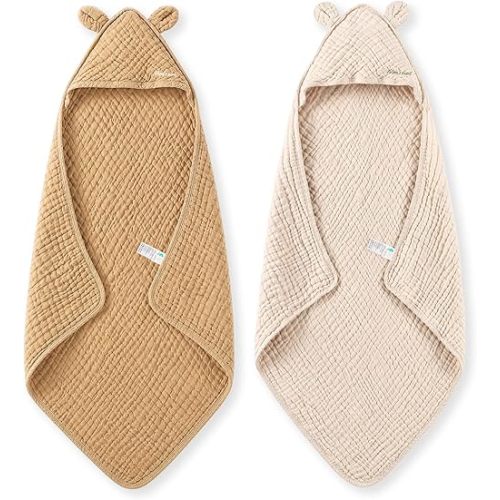 Momcozy Baby Towels, 6-Layer 100% Cotton Muslin Hooded Baby Towel Set for Newborn, Infant & Toddler, Soft Absorbent Baby Bath Essentials, Large 32 x 32 Inch