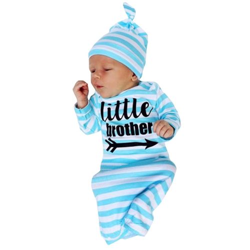 Newborn Baby Sleeper Gowns & Headband Little Sister Brother Printed Striped Baby Sleeping Bag (blue)