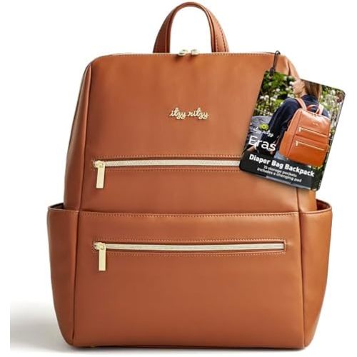 Itzy Ritzy Eras Diaper Bag Backpack – Large Capacity Baby Backpack Diaper Bag Featuring Neutral Design, 15 Pockets, Changing Pad, Stroller Straps, and Comfortable Backpack Straps, Cognac
