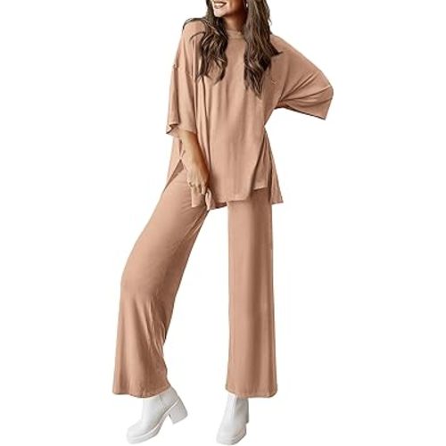 PRETTYGARDEN Women's 2 Piece Outfits Casual Short Sleeve Pullover Tops and Wide Leg Pants Lounge Sets Tracksuits