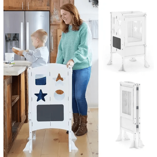Guidecraft Classic Kitchen Helper® Stool - White with Keepers and Non-Slip Mat: Foldable, Adjustable Height Safety Cooking Tower for Toddlers with Chalkboard | Kids Learning Platform