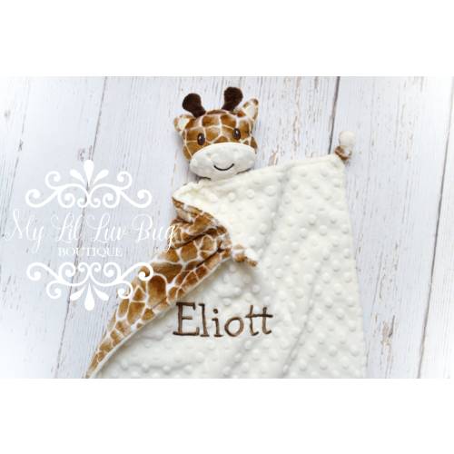 Gender neutral baby giraffe stuffed animal print - lovey blanket personalized - zoo safari small security knots - monogrammed embroidery