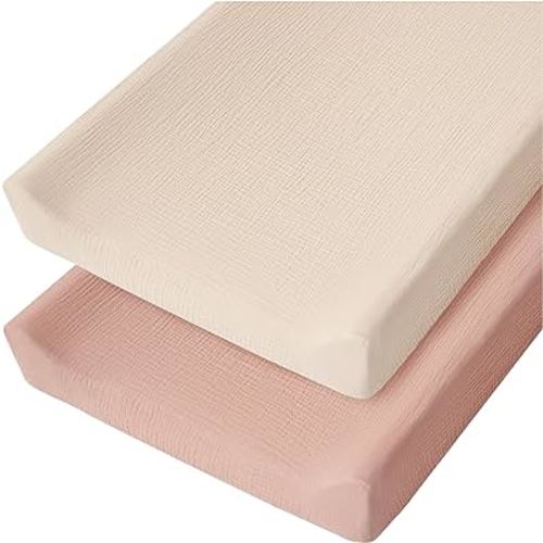 Konssy 2 Pack Muslin Changing Pad Cover for Baby Girls Boys 100% Cotton Fitted Diaper Changing Table Cover Set, Soft Changing Pad Sheets (Pink, Cream)