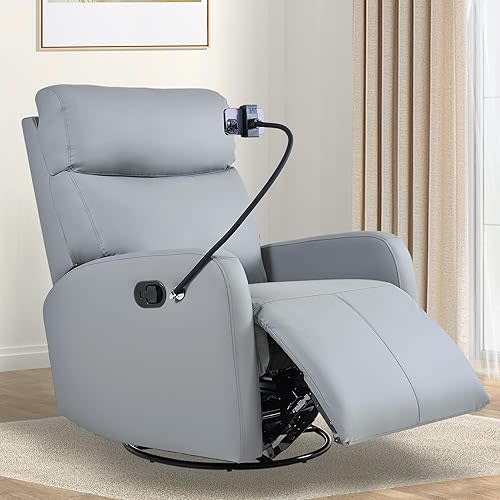 Swivel Rocker Recliner Chair for Nursery, Upholstered 360° Leather-air Glider Rocking Chair with Phone Holder, Manual Small Recliners for Small Spaces Living Room