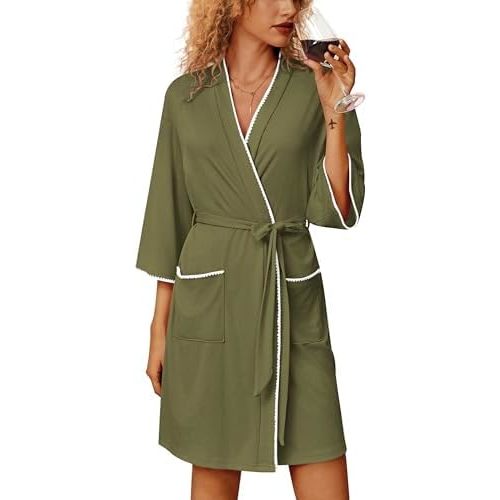Ekouaer Robes for Women Ribbed Knit Bathrobe Soft Lightweight Knee Length Kimono Robe Ladies Sleepwear with Pockets S-XXL