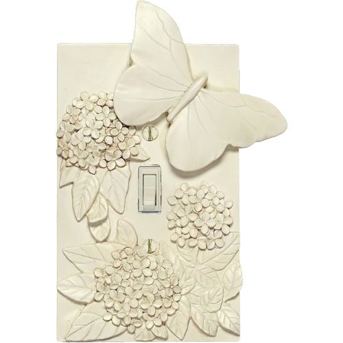 Butterfly In Bloom Lighting Switchplate | Handpainted Antique White | 1-Gang Single Switch Wall Plate Cover | Vintage Garden Butterflies, Hydrangea Flowers, & Leaves | Color-Match Hardware is Included
