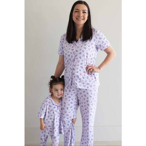 Women's Two-Piece Flare Lounge Set in Ribbon & Roses Purple | Caden Lane