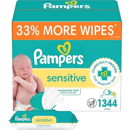 Pampers Baby Wipes, Sensitive, Water Based Wipe, Clinically Proven, Hypoallergenic, and Unscented for Babies, 1344 Wipes Total (16 Flip-Top Packs)