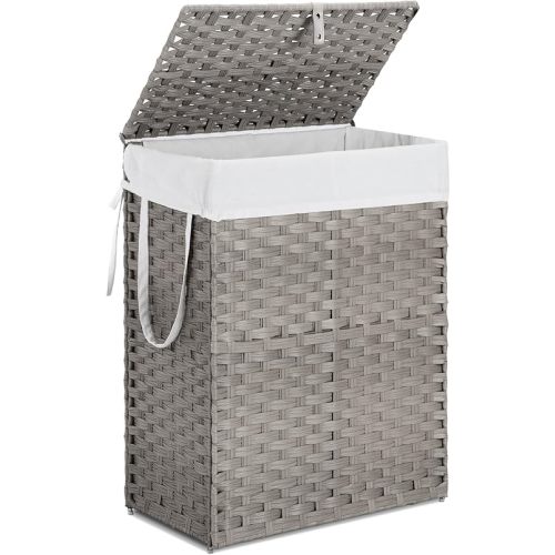 90L Laundry Basket with Lid, Hand-Woven Pp Rattan Laundry Hamper with Compartments & Handles, Foldable, Large Capacity Clothes Basket with Removable Liner for Bathroom, Gray