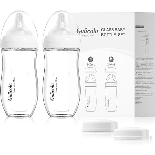 Natural Glass Baby Bottle for Breastfed Babies, Anti-Colic Baby Bottle Set with Medium Flow Nipple, 3 Months +, 8 oz, 2 Pack - White