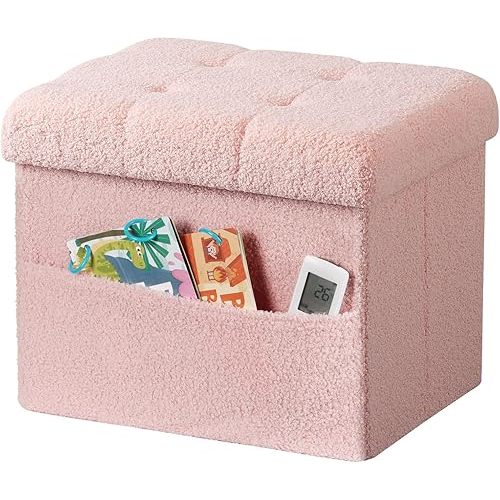 Storage Ottoman Foot Stool,Faux Teddy Tufted Foot Rest, Space Saver Chair with Storage,Ergonomic Stool for Bedroom/Living Room/Desk/Office(17x13x13 inches, Pink)