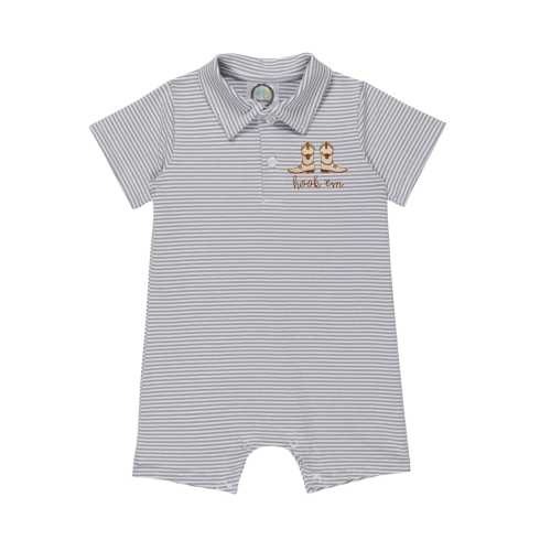 Longhorn Embroidered Boy's Short Sleeved Polo Style Collared Romper - Striped | Cute Texas Hook ’Em Outfit