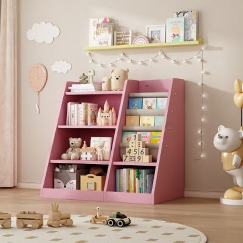4-Tier Kids Yellow Wooden Book Rack and Toy Organizer,Children 2-Sided Storage Bookshelf,Baby Sling Book Rack Shelf for Playroom Bedroom-Baofuwish